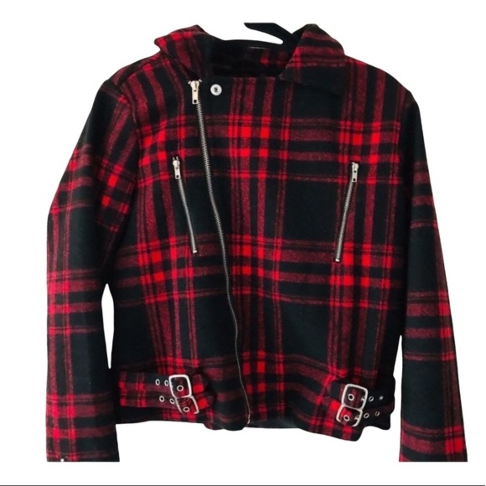 Wet Seal Plaid Wrap Moto Long Sleeve Coat Size L